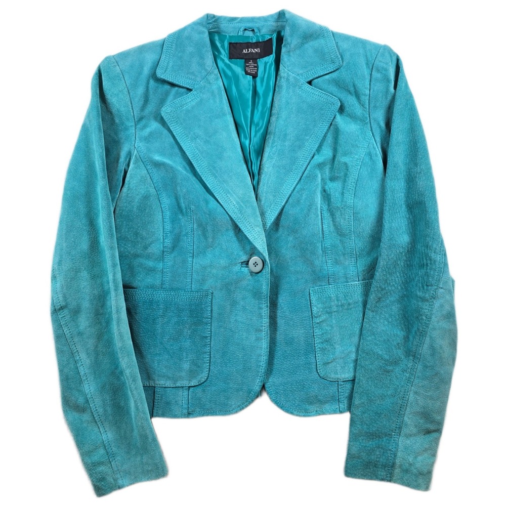 Alfani Leather Suede Blazer Jacket Womens Small Turquoise Blue Button Front Coat